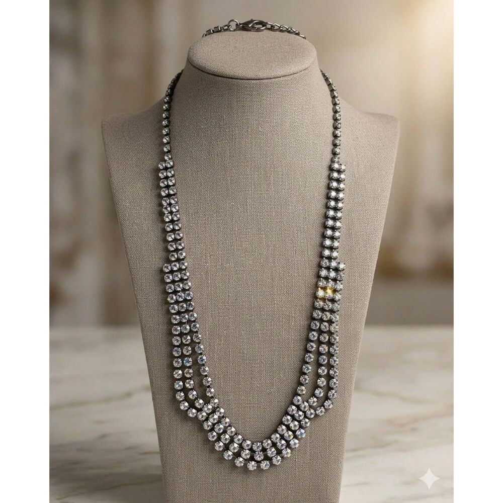 Crystal Choker Necklace Rhinestone Silver Rare Marquise Glitzy Collar Vintage